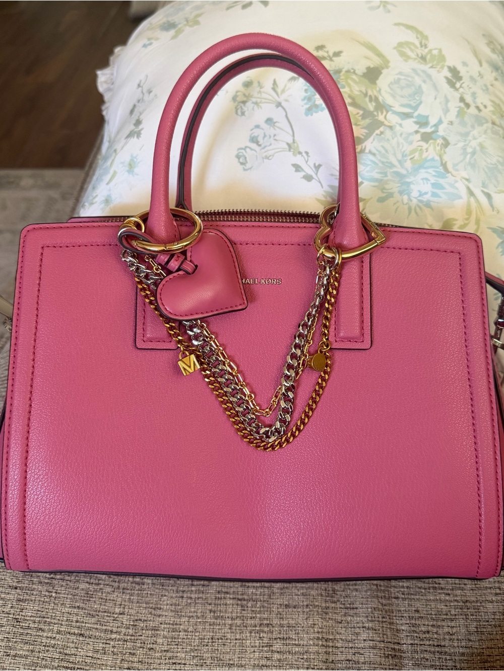 Michael Kors Hot Pink Leather Laila Satchel with Gold & Silver Chain Detail